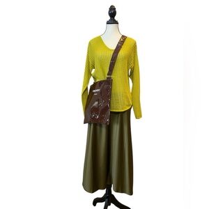 JEANNE PIERRE Chartreuse Yellow Green Open Knit Sweater 100% cotton EUC LARGE